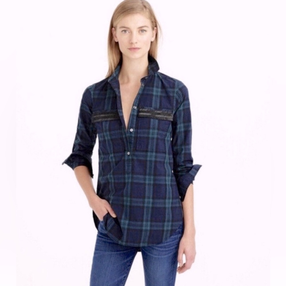 J Crew Beaded Pocket Green and Black Plaid Button Shirt Pullover Size 0